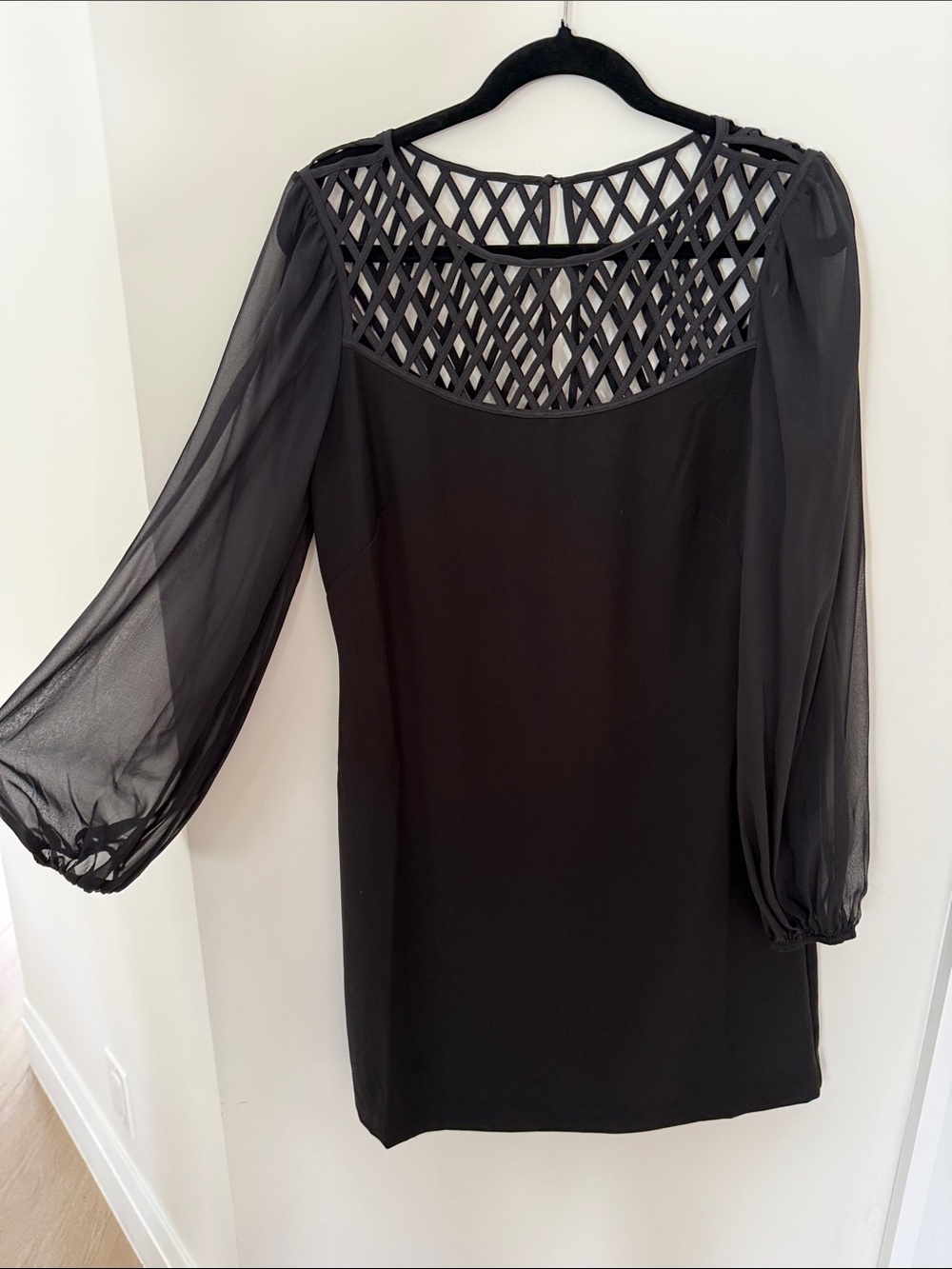 White House Black Market Black Lattice Yoke Dress, Sheer Long Sleeves, Size 10